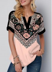 Light Pink Floral Print Split Neck T Shirt