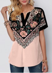 Light Pink Floral Print Split Neck T Shirt