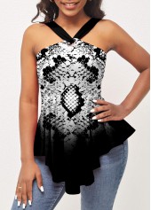 Ombre Animal Pattern Asymmetric Hem Black T Shirt