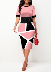 Tie Front Geometric Print Pink Short Sleeve Dress