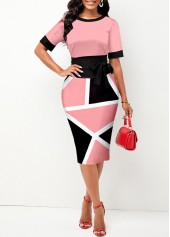 Tie Front Geometric Print Pink Short Sleeve Dress