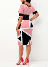 Tie Front Geometric Print Pink Short Sleeve Dress