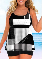 Geometric Print Plus Size Double Straps Black Tankini Top-No Bottom