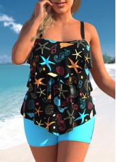 Plus Size Marine Life Print Layered Hem Tankini Set