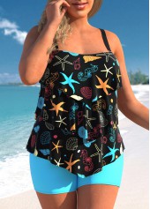 Plus Size Marine Life Print Layered Hem Tankini Set