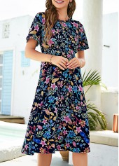 Floral Print Navy Blue Open Back Dress