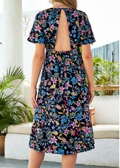 Floral Print Navy Blue Open Back Dress