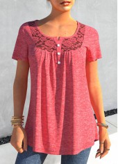 Lace Stitching Short Sleeve Pink T Shirt