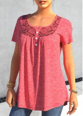 Lace Stitching Short Sleeve Pink T Shirt