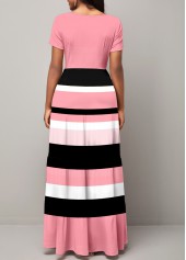 Striped Pink Round Neck Short Sleeve Maxi Dress