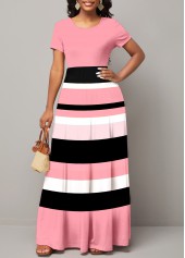 Striped Pink Round Neck Short Sleeve Maxi Dress