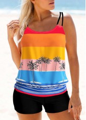 Coconut Tree and Stripe Print Blouson Tankini Set