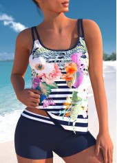 Striped Double Straps Floral Print Tankini Set