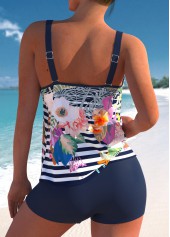 Striped Double Straps Floral Print Tankini Set