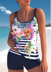 Striped Double Straps Floral Print Tankini Set