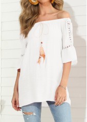 Feather Detail White Hollow Out T Shirt