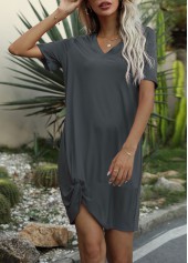 V Neck Twist Front Brown Dress