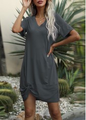 V Neck Twist Front Brown Dress