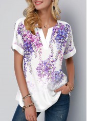 Purple Floral Print Split Neck T Shirt
