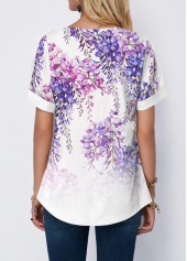 Purple Floral Print Split Neck T Shirt
