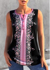 Floral Print Black Split Neck Tank Top