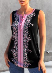 Floral Print Black Split Neck Tank Top