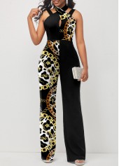 Cross Halter Animal Pattern Black Jumpsuit