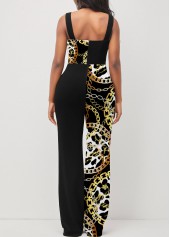 Cross Halter Animal Pattern Black Jumpsuit