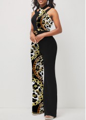 Cross Halter Animal Pattern Black Jumpsuit