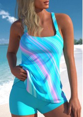 Ombre and Linear Print Cyan Tankini Set