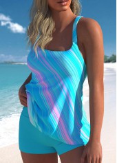 Ombre and Linear Print Cyan Tankini Set