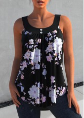 Black Floral Print Decorative Button Tank Top
