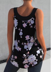 Black Floral Print Decorative Button Tank Top