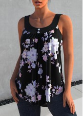Black Floral Print Decorative Button Tank Top