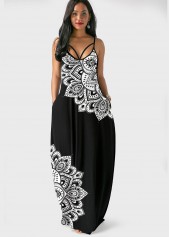 Double Side Pockets Tribal Print Spaghetti Strap Black Dress