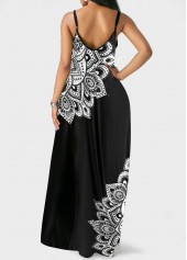 Double Side Pockets Tribal Print Spaghetti Strap Black Dress