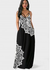 Double Side Pockets Tribal Print Spaghetti Strap Black Dress