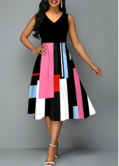 Geometric Print Sleeveless Black V Neck Dress