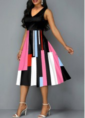 Geometric Print Sleeveless Black V Neck Dress