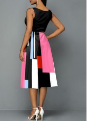 Geometric Print Sleeveless Black V Neck Dress