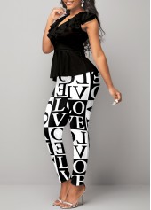 Letter Print Black Short Sleeve Jumpsuit