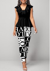 Letter Print Black Short Sleeve Jumpsuit
