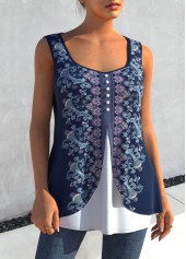 Navy Blue Faux Two Piece Tribal Print Tank Top