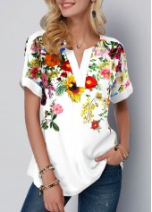 White Floral Print Split Neck T Shirt