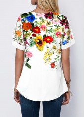 White Floral Print Split Neck T Shirt