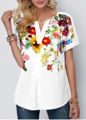 White Floral Print Split Neck T Shirt