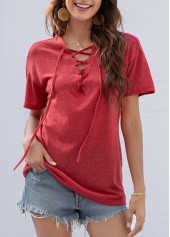 Peach Red Lace Up Long Sleeve T Shirt