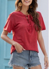 Peach Red Lace Up Long Sleeve T Shirt