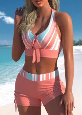 Striped Cross Strap Coral Orange Bowknot Bikini Set