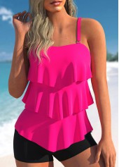 Spaghetti Strap Layered Hem Rose Red Tankini Set
